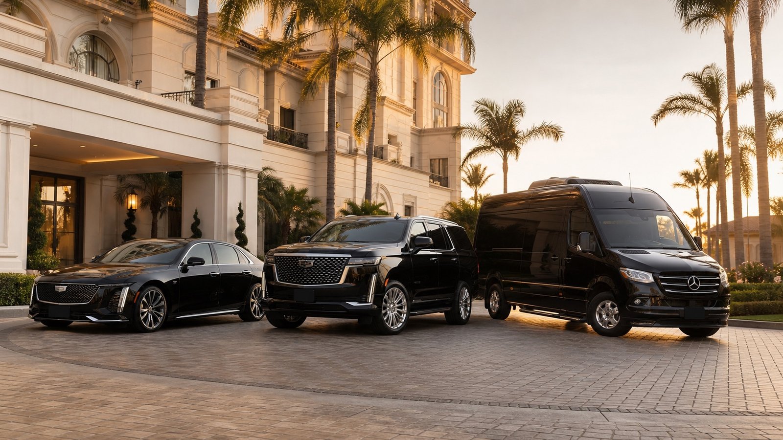 The Beverly Hills Car Service luxury fleet lineup — sedan, SUVs, and Mercedes-Benz Sprinter