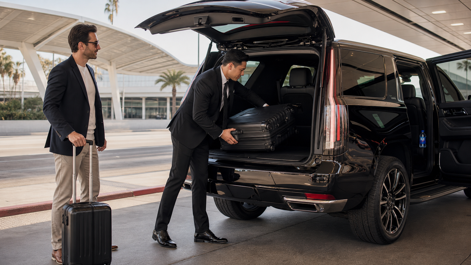 Chauffeur loading luggage into a black Cadillac Escalade